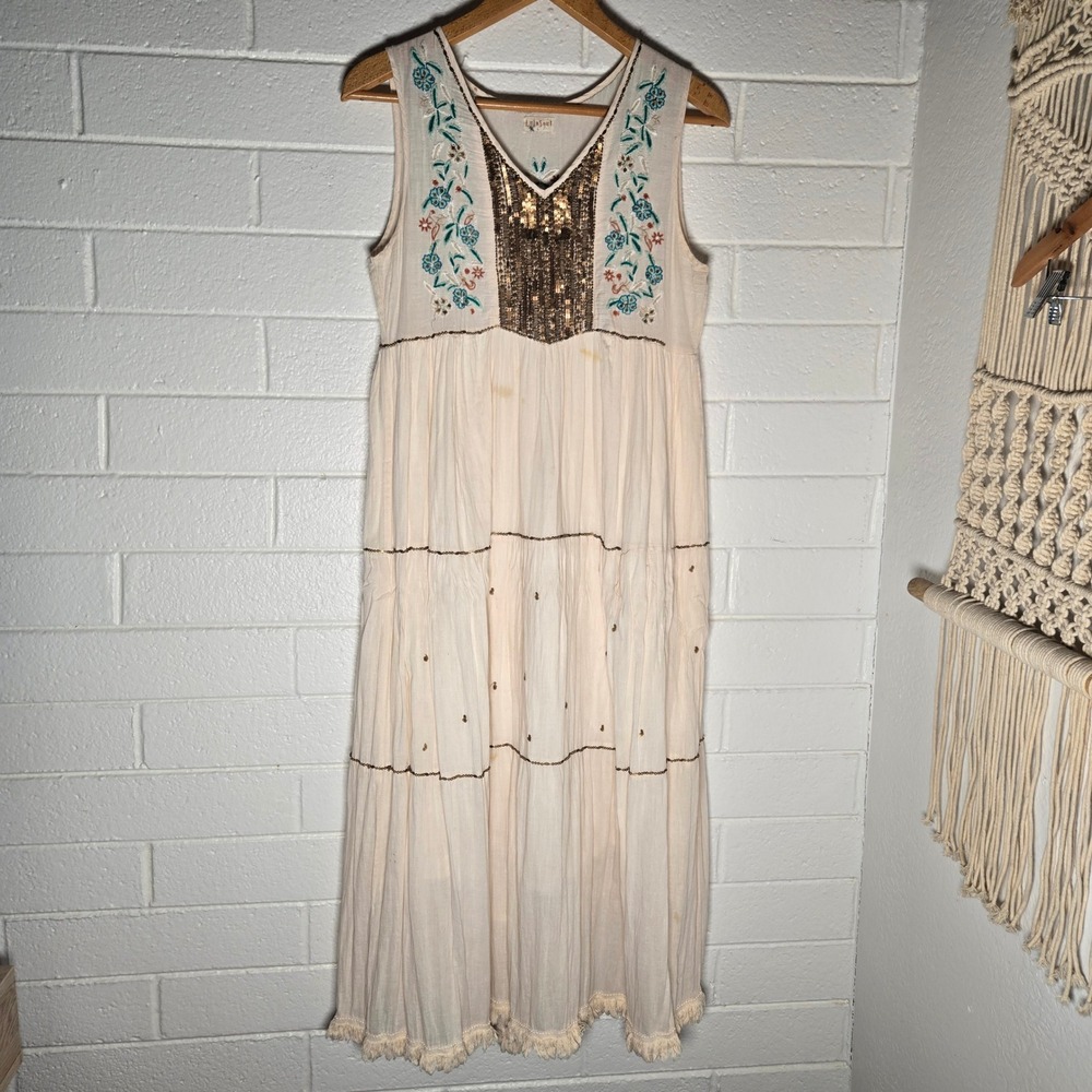 Lula Soul Womens Maxi Dress Embroidered Sequin Tiered Boho Large L Maximalist